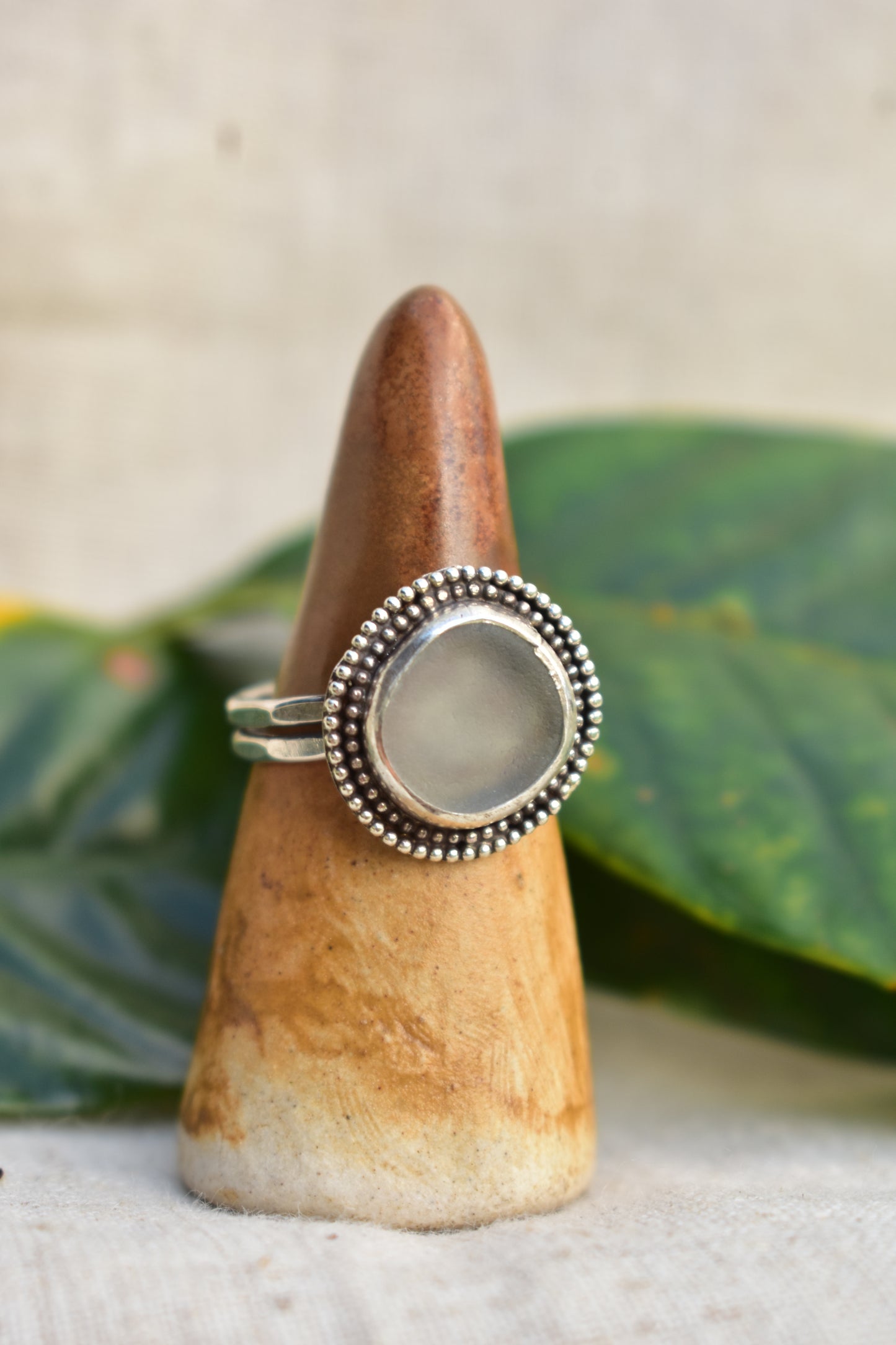 Beaded sea glass ring