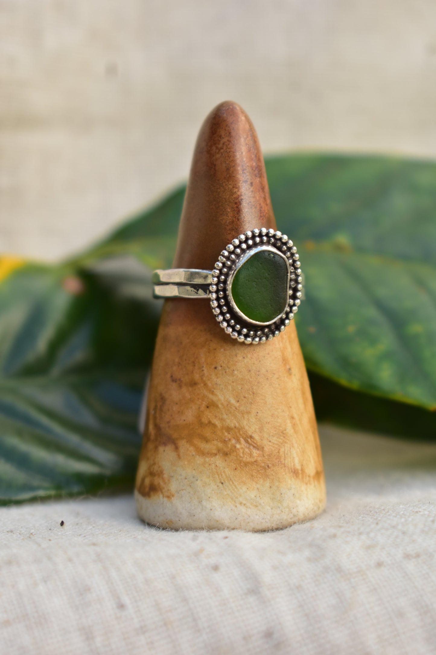 Beaded sea glass ring
