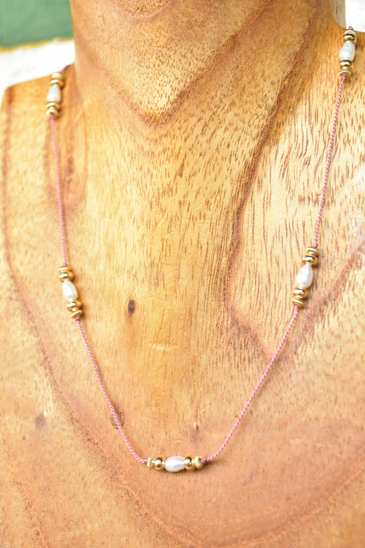 Pink silk white freshwater choker