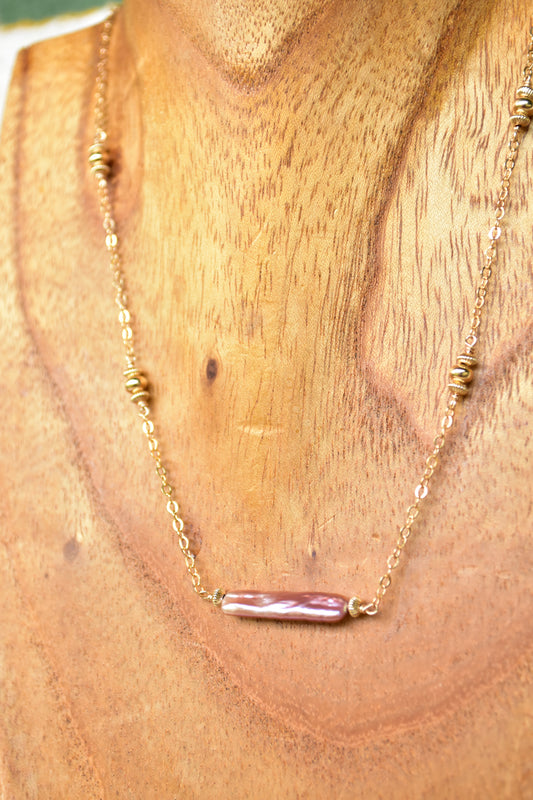 Pink pearl bar beaded necklace
